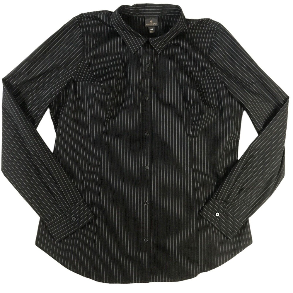 Worthington Women's 16T Button Up Dress Shirt Stripe Black Career Long Sleeves